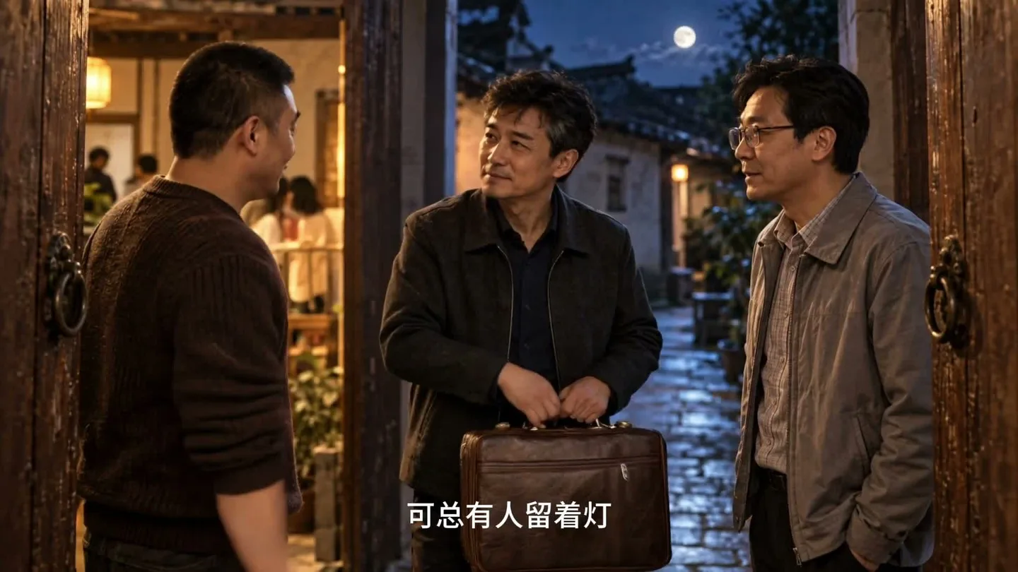 月夜门前，三位人物相聚交谈