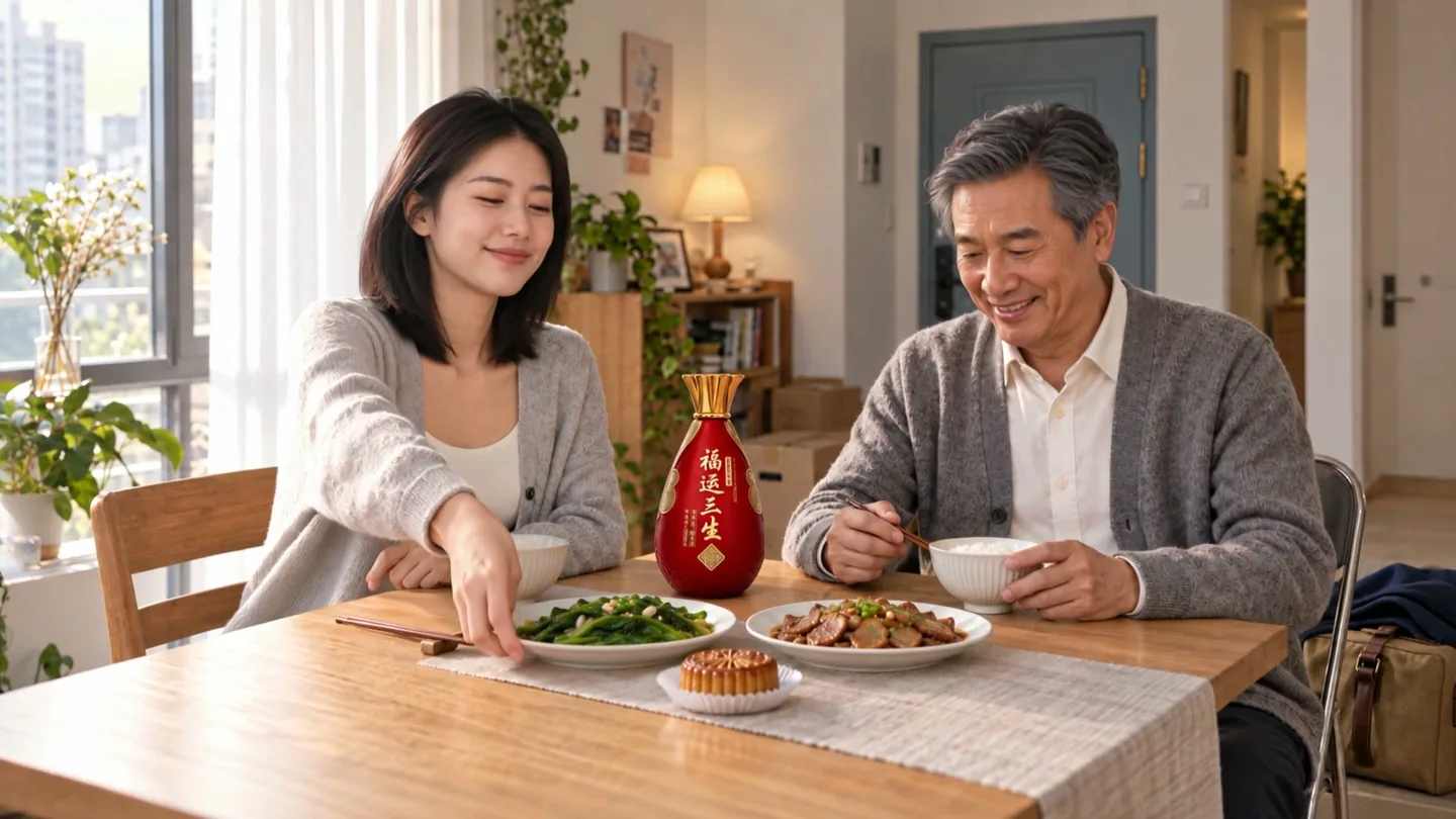 明亮家居中，父女围桌用餐，红色酒瓶位于画面中央